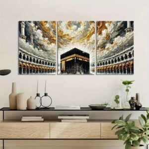 Khana Kaba Wooden Wall Art – 3 Piece Islamic Frame Set Made With Wooden Stickytile, Each Frame 8x11 Inches, Easy To Install With Included Double Tape