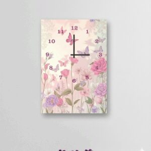 Floral Garden-Inspired Digital Printed Wooden Wall Clock – 12x16" Hanging Decor with Butterflies, Roses & Elegant Hook Mount