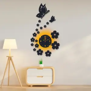 3d wall clock | Wall Clock With Wooden Butterflies , Flowers with light
