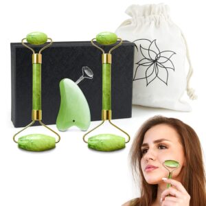 3 Pc Facial Jade Roller with Gua Sha Massager Set