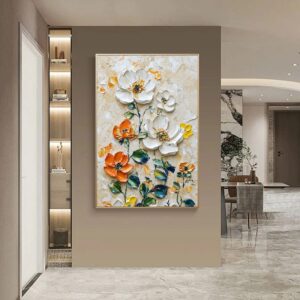 Vertical Floral Canvas Painting – Wild Garden Wall Art for Home & Office Décor