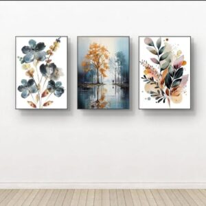 Nature-Inspired Wall Art Set – 3 Wooden Frames (8x11”) with Botanical & Landscape Designs | Easy Wall Mounting with Double Tape