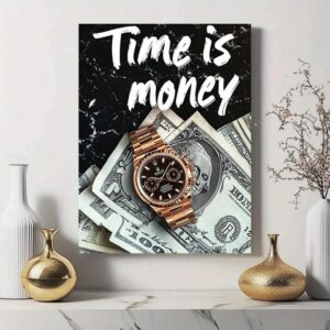 Luxury Wall Frame “Time is Money” | Wooden Sticky Tile Frame with Double Tape – 8x11 Inches