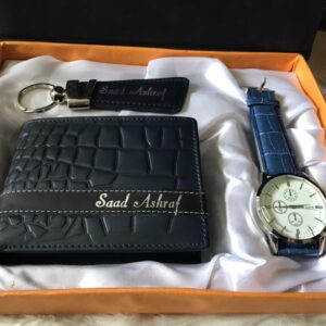 Customize Crocodile Navy Blue Wallet With KeyChain & Watch