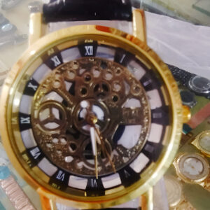 Stylish Leather Watch with Gold-Tone Stainless Dial & Black Strap Without Box