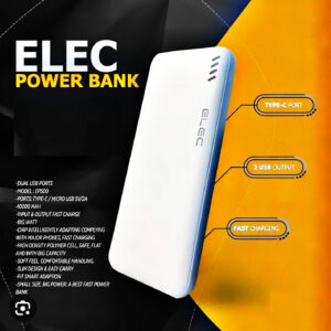 ELEC 10,000mAh Fast Charging Power Bank – White | Dual Type-A & Type-C Output | With Box