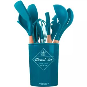 12 pcs set Wooden Handle Silicone Kitchen Utensils With Storage Bucket High Temperature Resistant And Non Stick Pot Spatula Spoon( random color )