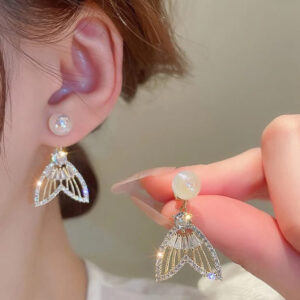 Golden Fishtail Luxury Sparkling Crystal Rhinestones Pearl Earrings for Women Girls
