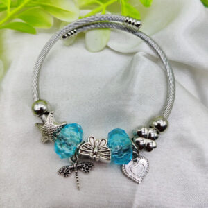 Imported Elegant Pandora-Inspired Silver Charm Bracelet with Ocean Blue Beads & Delicate Charms| Best Quality Bracelet For Girls & Women