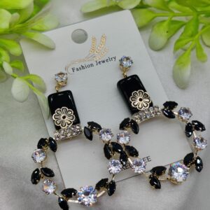 Imported Elegant Floral Hoop Earrings with Black and Crystal Accents | Best Quality Earrings For Girls & Women | Luxury Look Earrings