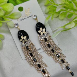 Imported Glamorous Long Tassel Earrings with Black and Crystal | Luxury Look Earrings | Girls Earrings | Women Earrings