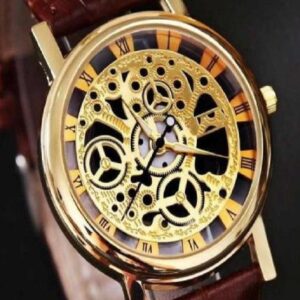 Stylish Leather Watch with Gold-Tone Stainless Dial & Brown Strap Without Box