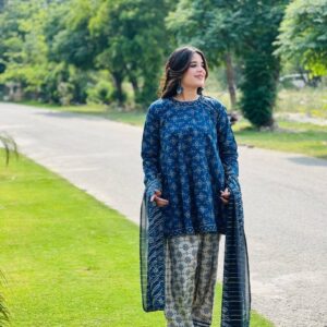 Uswa Zia 3 Piece Printed Swiss Lawn Suit – Blue, Stiched Suit (Standard Size)
