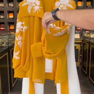 Women’s 3-Piece Mustard Embroidered Chiffon Western Maxi Set – Upper, Inner & Belt, Medium Size, Elegant Party Wear