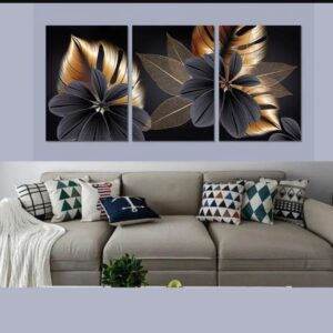 Luxury Floral Wall Art Set – 3 Wooden Frames (8x11”) with Elegant Black & Gold Botanical Design | Easy Wall Mounting with Double Tape