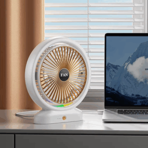Desktop Fan Rechargeable, Mini Table Fan, Powerful Electric Fan with  Adjustable Wind Speeds, Portable USB Fan for Home Office and Outdoors | Three-Speed Mini Desktop Fan with Colorful LED Lights – USB & Battery Powered - Random Color 