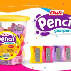 Pack of 50 DUX Plastic Pencil Sharpeners with 8mm Blade, Durable Multicolor Design & Built-in Transparent Shavings Jar – Ideal for School, Office, Art, and Home Use (Multicolor)