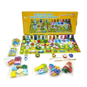 7-in-1 Logarithmic Board Educational Toy for Kids – Montessori Wooden Learning Puzzle with Numbers, Shapes, Colors, Stacking Rings, and Counting Pegs