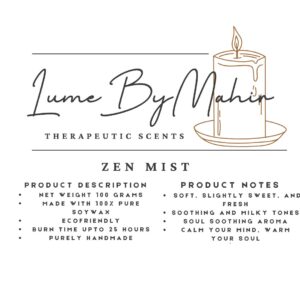 Zen Mist Candle - Soul Soothing Aroma – Handmade Milky & Fresh Soy Wax Candle - 100 gram